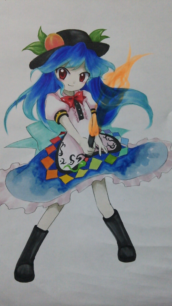 bad_id bad_pixiv_id blue_hair boots bow dress fire food fruit full_body hat highres hinanawi_tenshi holding holding_weapon long_hair looking_at_viewer official_style oota_jun'ya_(style) parody peach photo puffy_short_sleeves puffy_sleeves red_eyes short_sleeves shu_(loveeater) simple_background skirt smile smirk solo style_parody sword sword_of_hisou touhou traditional_media transparent very_long_hair weapon white_background