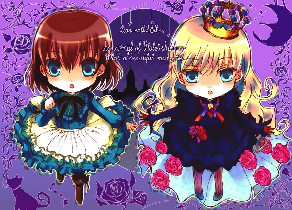 blonde_hair blue_dress blue_eyes boots bow brown_hair cat chibi company_name copyright_name crescent_moon crown dress flower full_body knee_boots lily_(shiei_no_sona-nyl) long_hair moon multiple_girls pantyhose pink_flower pink_rose rose rose_witch see-through shiei_no_sona-nyl shoes short_hair steampunk_(liarsoft) striped striped_legwear suzuka_(once) vertical-striped_legwear vertical_stripes