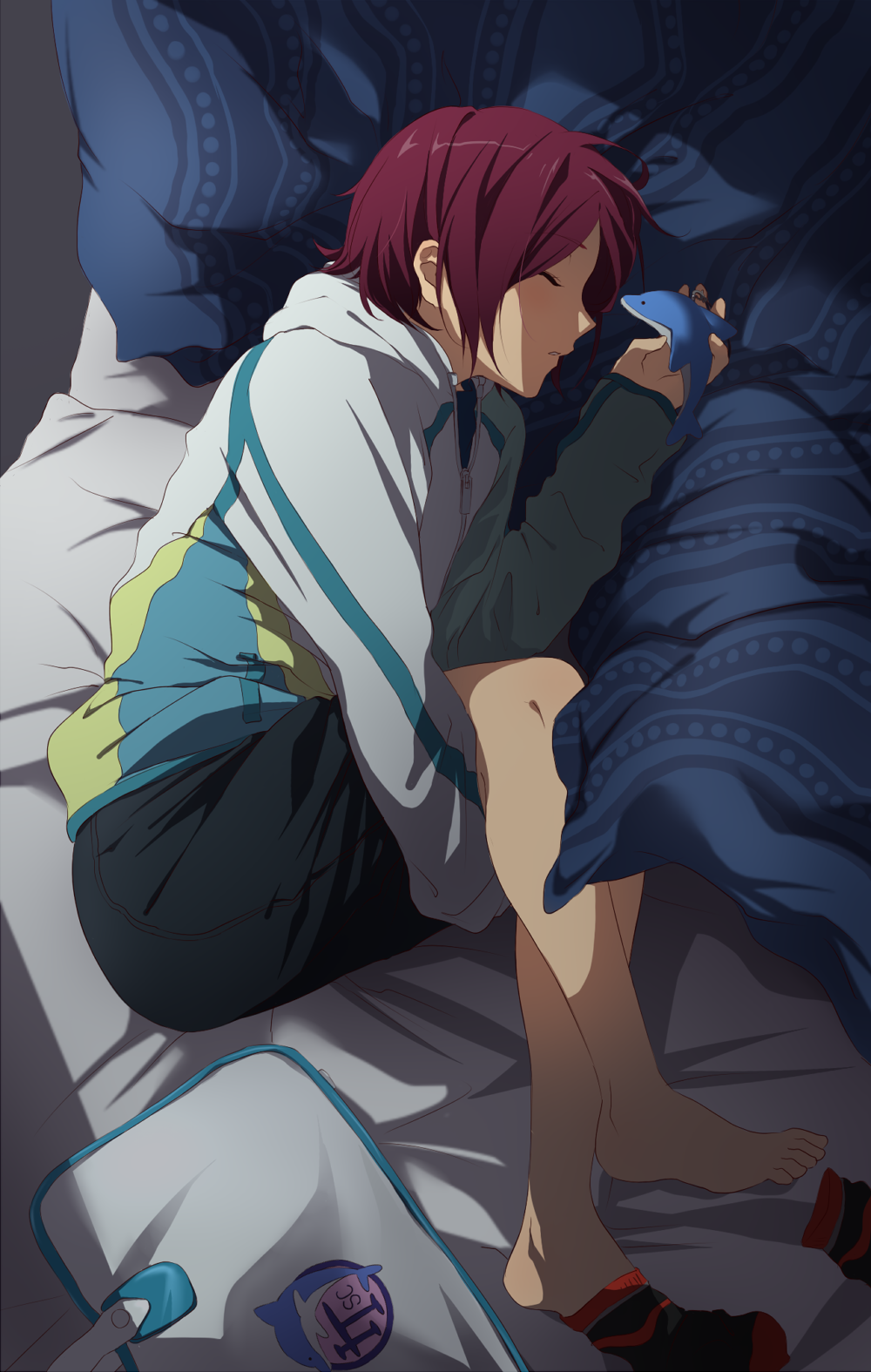 barefoot child free! highres jacket male_focus matsuoka_rin pon8059 red_hair shorts sleeping socks socks_removed solo younger