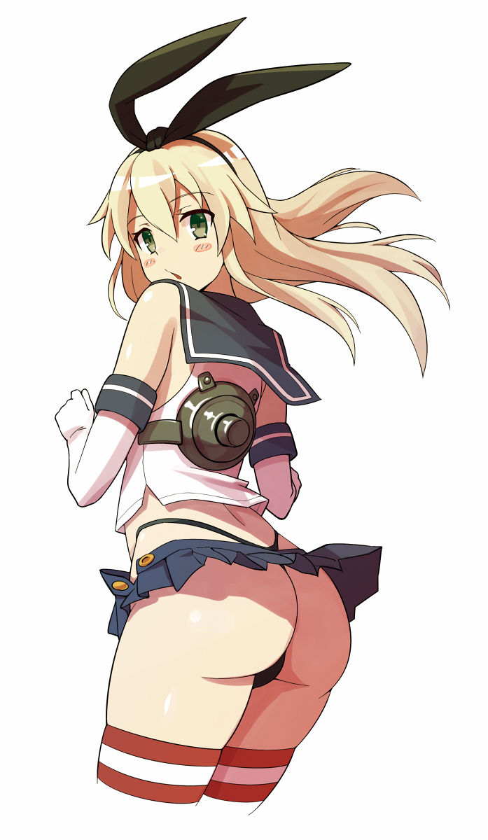 :o ass back bangs bare_shoulders black_panties blonde_hair blush blush_stickers chestnut_mouth clenched_hands cowboy_shot crop_top elbow_gloves floating_hair from_side gloves hair_between_eyes hair_ribbon hairband highleg highleg_panties highres kantai_collection kekemotsu long_hair looking_at_viewer looking_back microskirt open_clothes open_mouth open_skirt panties pleated_skirt red_legwear ribbon school_uniform serafuku shimakaze_(kantai_collection) shirt side_slit simple_background skindentation skirt skirt_lift solo standing striped striped_legwear surprised surprised_arms thighhighs thong unbuttoned underwear white_background white_gloves white_legwear wind wind_lift