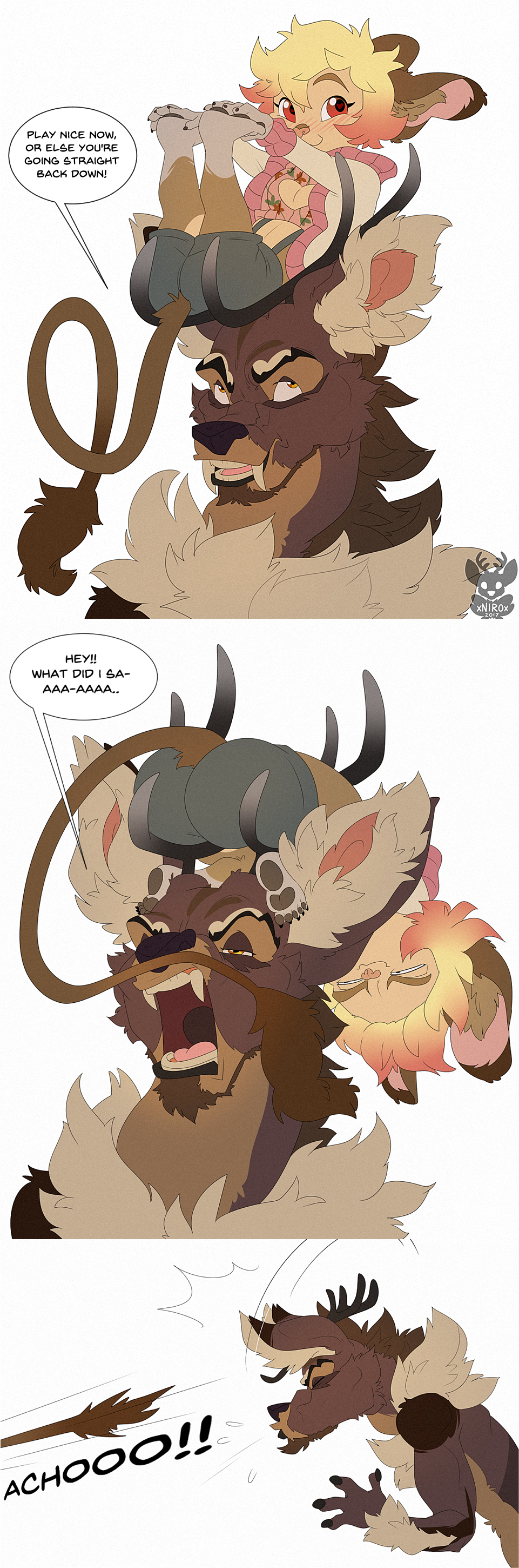 absurd_res anthro antlers cervine comic degu dialogue duo english_text facial_hair fangs frikk_(character) hi_res horn male mammal ragnar_(character) rodent size_difference speech_bubble text xnirox