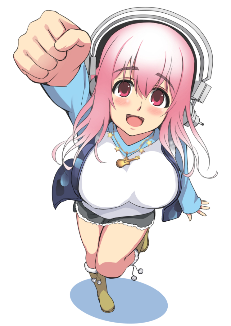blush breasts deni_m headphones large_breasts long_hair looking_at_viewer nitroplus open_mouth pink_eyes pink_hair smile solo super_sonico