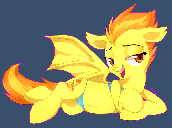 aosion bat_pony bikini cutie_mark equine female feral friendship_is_magic fur hair half-closed_eyes horse lying mammal my_little_pony on_side open_mouth orange_hair pegasus plain_background pony solo spitfire_(mlp) swimsuit wings wonderbolts_(mlp) yellow_fur