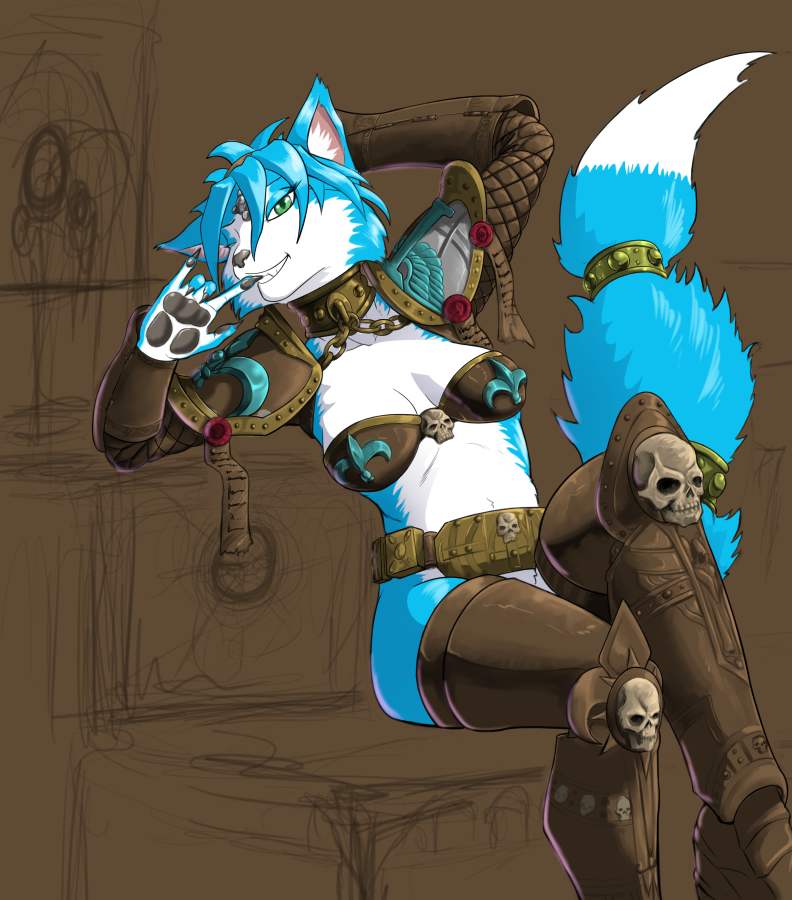 bite brown_background canine dangerous female fox green_eyes hattonslayden jewelry krystal mammal nintendo pads pawpads plain_background scantily_clad simple_background sitting smile solo star_fox video_games