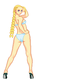 1girl animated animated_gif ass_shake bikini blonde_hair blue_bikini blue_eyes cammy_white capcom full_body hand_on_hip high_heels knees legs lowres midriff navel open_shoes pixel_art solo street_fighter street_fighter_ii swimsuit twintails txsnew