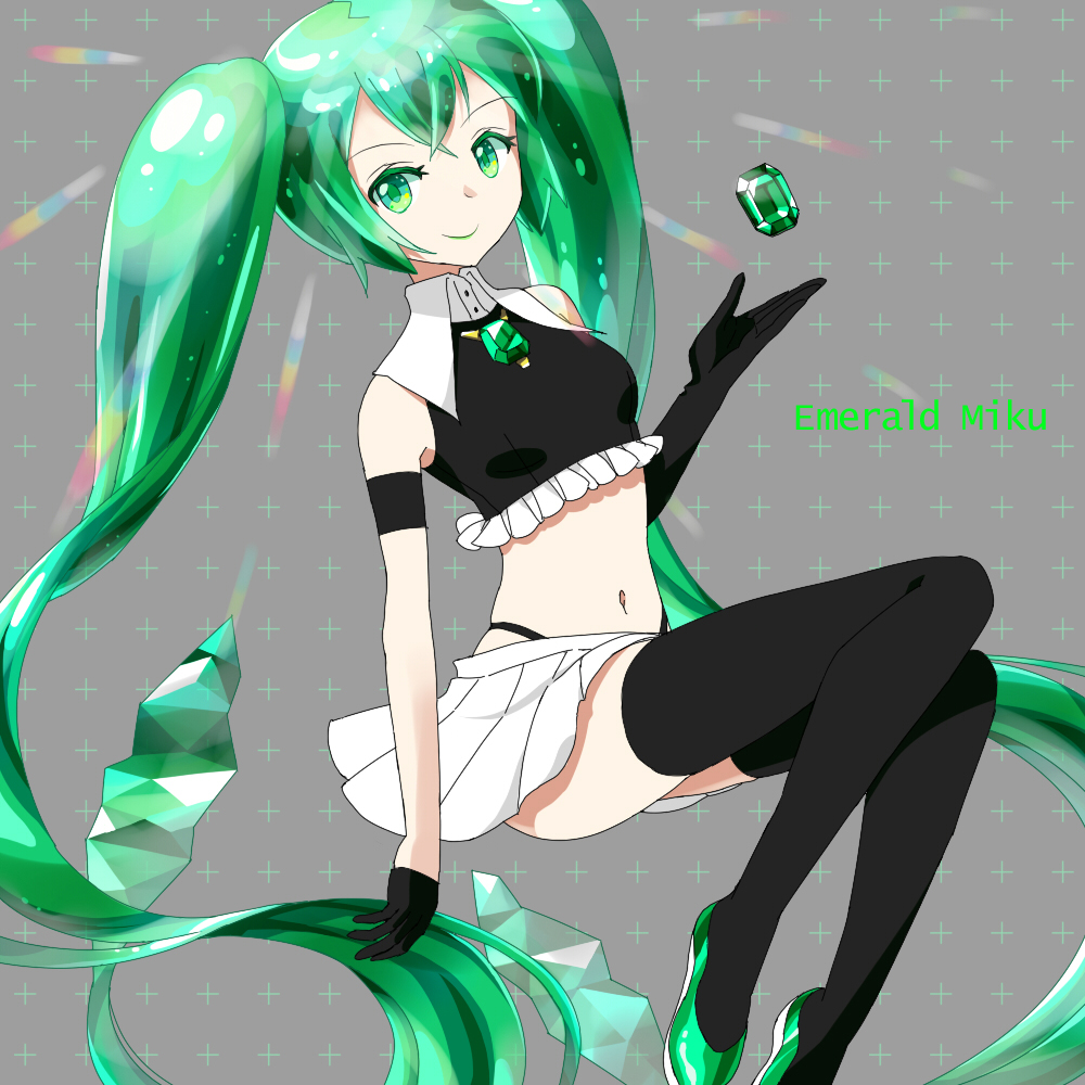 character_name elbow_gloves gem gloves green_eyes green_hair hatsune_miku long_hair navel nekomissile skirt smile solo thighhighs twintails very_long_hair vocaloid