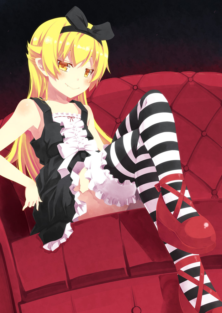 blonde_hair blush bow couch crossed_legs dress fang fang_out hair_bow hairband kouji_(campus_life) long_hair long_legs looking_at_viewer md5_mismatch monogatari_(series) oshino_shinobu pointy_ears red_footwear shoes sitting smile solo striped striped_legwear thighhighs yellow_eyes