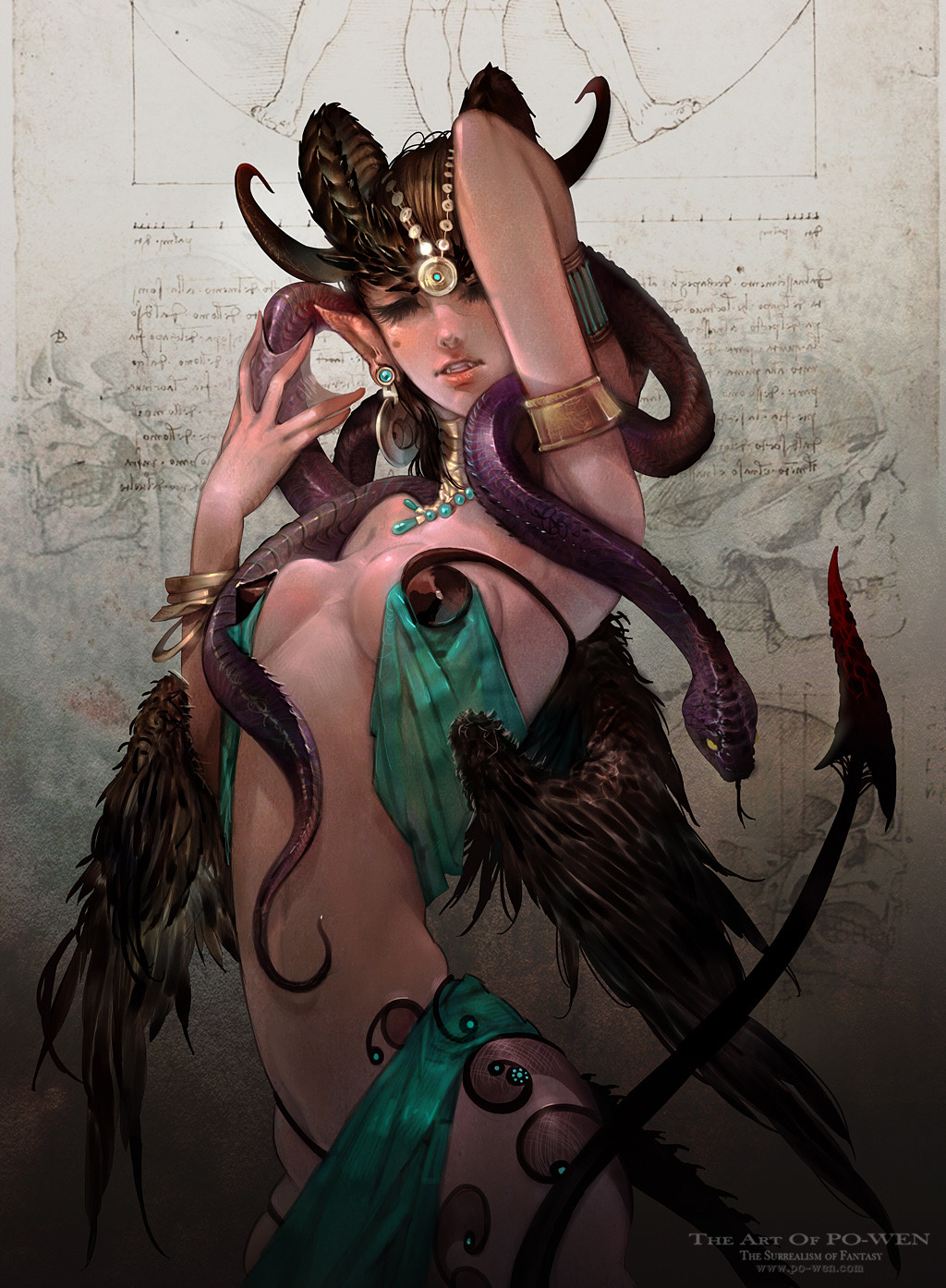 clothed clothing demon ear_piercing eyes_closed feather feathers female hair horn jewelry leonardo_da_vinci not_furry piercing pinup po_wen pose raised_arm reptile scalie seductive skimpy snake spade_tail standing webbed_fingers webbed_hands wings
