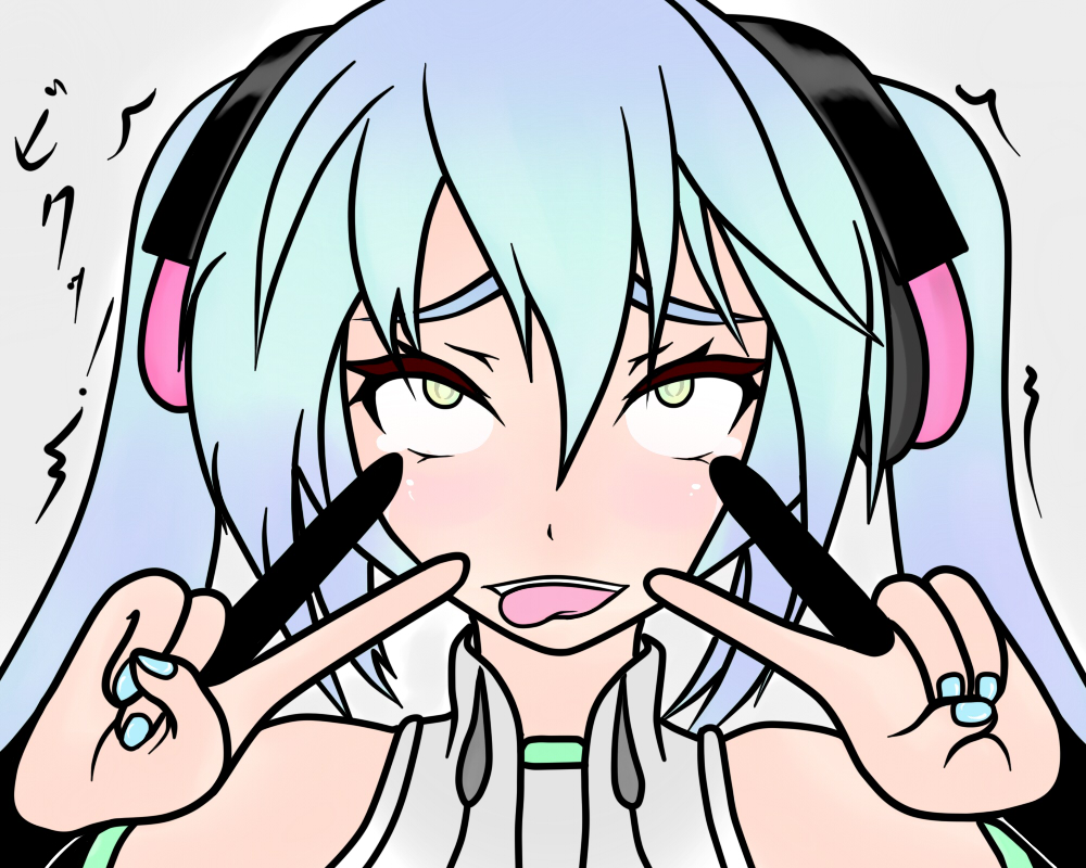 ahegao aqua_hair denka_plus double_v face fingerless_gloves flat_color gloves hatsune_miku hatsune_miku_(append) long_hair nail_polish rolling_eyes solo tears tongue tongue_out trembling twintails v vocaloid vocaloid_append yellow_eyes