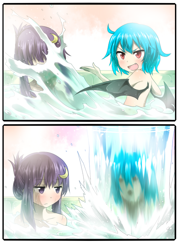 2koma :d alternate_hairstyle bat_wings bath bathing blue_hair blush comic commentary_request crescent crescent_hair_ornament dress fang folded_ponytail hair_ornament hair_up hydrokinesis jitome magic_circle multiple_girls nobamo_pieruda nude open_mouth patchouli_knowledge purple_dress purple_eyes red_eyes remilia_scarlet revenge shared_bathing smile splashing touhou v-shaped_eyebrows water wet wings