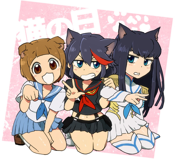 :3 :d animal_ears bangs black_hair blue_eyes blush boots brown_eyes brown_hair cat_ears chibi dog_ears epaulettes full_body ikeshita_moyuko junketsu kemonomimi_mode kill_la_kill kiryuuin_satsuki kneeling long_hair mankanshoku_mako matoi_ryuuko multicolored_hair multiple_girls open_mouth paw_pose school_uniform senketsu serafuku short_hair sitting skirt smile streaked_hair suspenders thigh_boots thighhighs two-tone_hair v