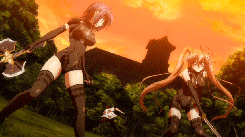 1boy 2girls animated animated_gif blue_hair blush bouncing_breasts breasts brown_hair cross exploding_clothes eyes_closed high_school_dxd hyoudou_issei jewelry large_breasts long_hair multiple_girls necklace nipples nude shidou_irina short_hair surprised sword torn_clothes twintails weapon xenovia_(high_school_dxd)