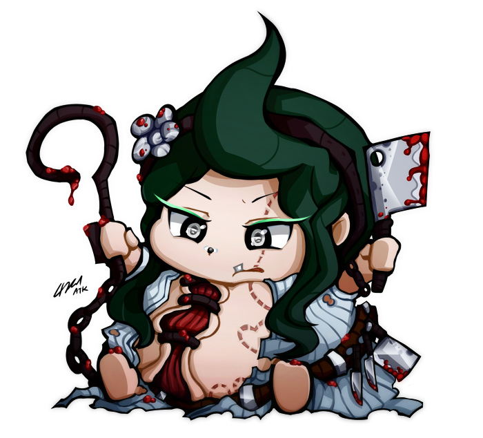 blood chain chibi cute dota_2 female flesh flower green_hair hair knife meat_hook open_wounds overweight pudge pudge_the_butcher silver_eyes stitches unknown_artist