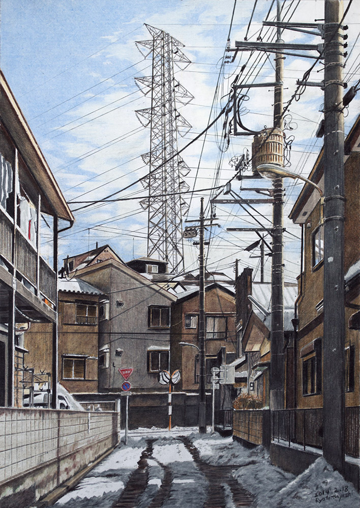 alley city cloud dated day hayashi_ryouta house intersection no_humans original outdoors power_lines real_world_location road scenery signature sky snow street telephone_pole transmission_tower wall