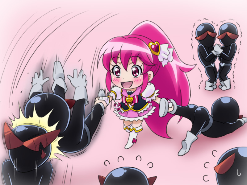 aino_megumi boots bow broken chibi choiark cure_lovely happinesscharge_precure! hitting human_weapon leg_grab long_hair magical_girl mameshiba pink_bow pink_eyes pink_hair ponytail precure scared skirt smile thigh_boots thighhighs wide_ponytail