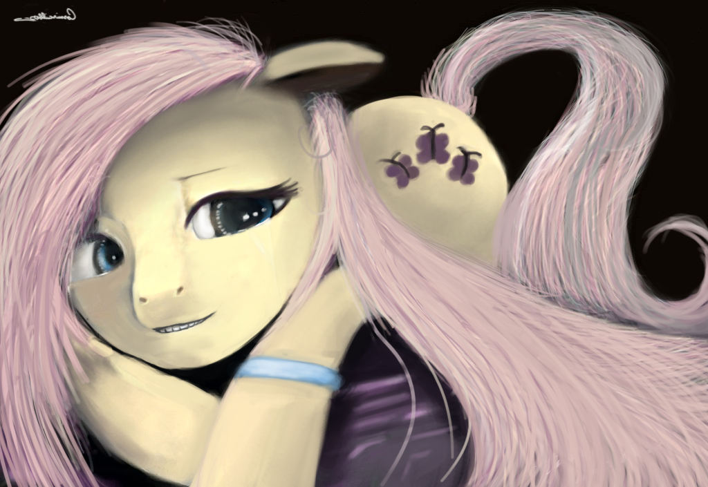blue_eyes cosmicscribbles cutie_mark equine female feral fluttershy_(mlp) friendship_is_magic fur hair hair_over_eye horse long_hair looking_at_viewer mammal my_little_pony pink_hair plain_background pony raised_tail signature solo yellow_fur