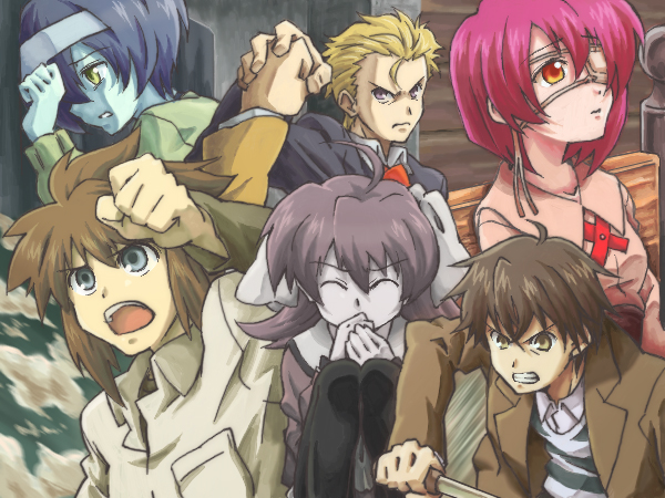 3girls angry asou_renji clenched_teeth colorful depressed ef eyepatch fighting hirono_hiro looking_away looking_up miyamura_miyako multiple_boys multiple_girls running sad shindou_chihiro shindou_kei siblings sisters tears teeth thor_(pixiv240171) tsutsumi_kyousuke twins