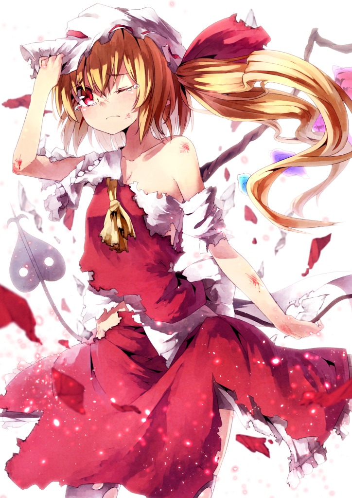 blonde_hair blush flandre_scarlet hat ibuki_notsu laevatein long_hair looking_at_viewer one_eye_closed red_eyes side_ponytail simple_background solo tears torn_clothes touhou white_background wings