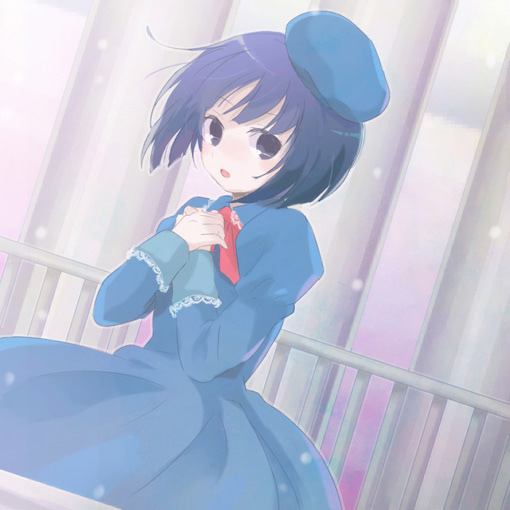 bad_id bad_pixiv_id beret blue_hair blue_twin dress dutch_angle hands_on_own_chest hat lito_(24281122) looking_at_viewer short_hair snow solo yume_2kki
