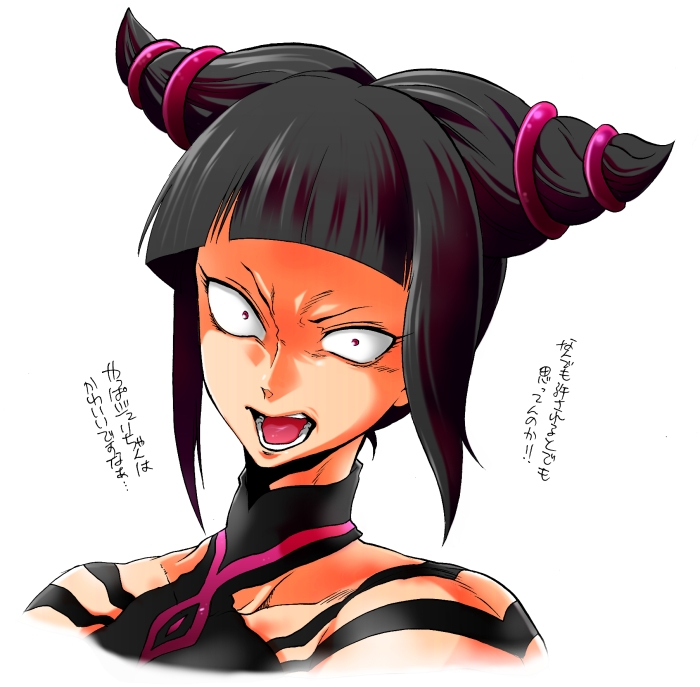 bad_id bad_pixiv_id bangs black_hair constricted_pupils drill_hair halter_top halterneck han_juri marimo_(yousei_ranbu) open_mouth purple_eyes simple_background solo spiked_hair street_fighter teeth translation_request tsurime twin_drills upper_body