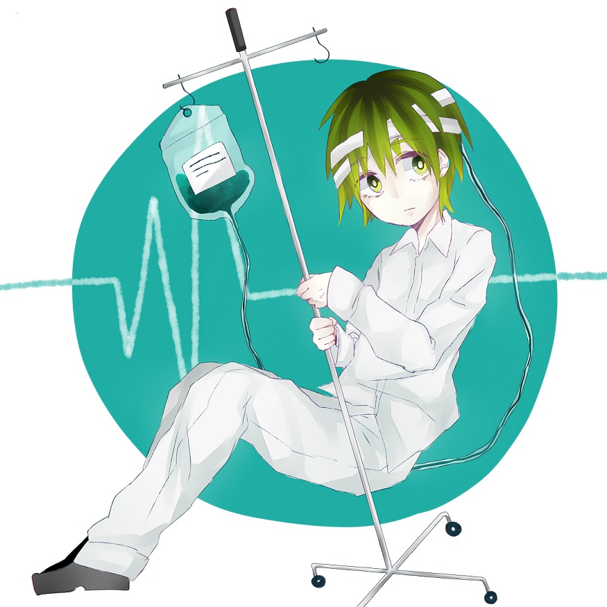aojiru_(yume_2kki) bandages expressionless full_body green_hair intravenous_drip male_focus pajamas solo yume_2kki