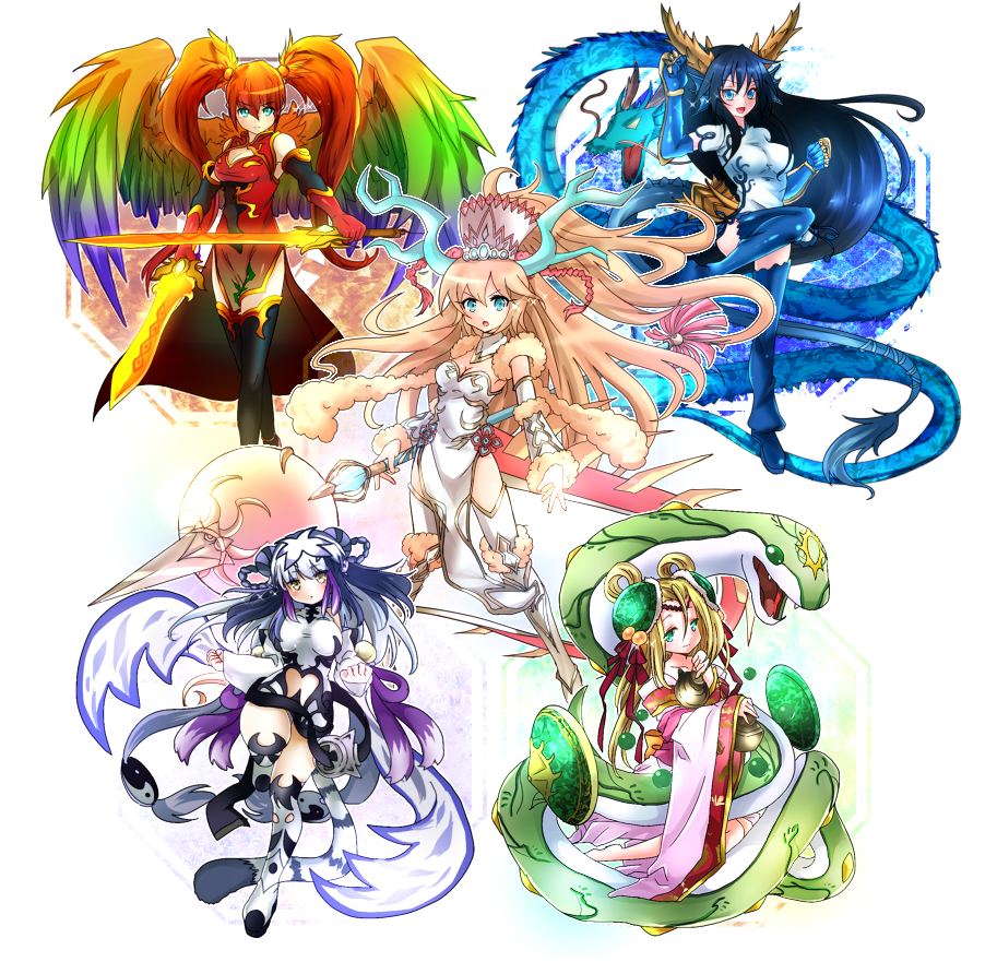 bare_shoulders barefoot black_hair blonde_hair blue_eyes boots braid breasts brown_eyes cape china_dress chinese_clothes cleavage cleavage_cutout detached_collar detached_sleeves double_bun dragon dragon_horns dragon_tail dress dual_wielding eastern_dragon elbow_gloves fulunukko fur_trim gloves green_eyes hair_ornament hair_ribbon haku_(p&amp;d) head_fins headdress holding horns karin_(p&amp;d) knee_boots leilan_(p&amp;d) long_hair long_sleeves medium_breasts meimei_(p&amp;d) multicolored_hair multiple_girls polearm ponytail purple_hair puzzle_&amp;_dragons red_hair ribbon sakuya_(p&amp;d) scepter shield simple_background sleeves_past_wrists snake spear sword tail thigh_boots thighhighs tiger_tail turtle_shell twin_braids twintails two-tone_hair weapon white_hair wide_sleeves wings yin_yang zettai_ryouiki