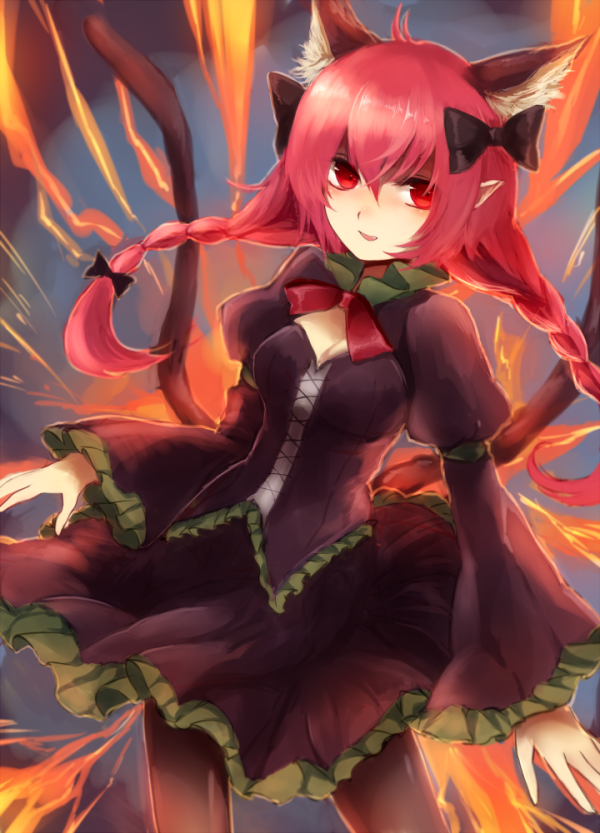 animal_ears black_dress black_skirt bow braid breasts cat_ears cowboy_shot dress extra_ears fire hair_bow kaenbyou_rin long_hair long_sleeves looking_at_viewer maho_moco medium_breasts multiple_tails pantyhose pink_hair pointy_ears puffy_long_sleeves puffy_sleeves red_eyes skirt solo tail touhou twin_braids twintails