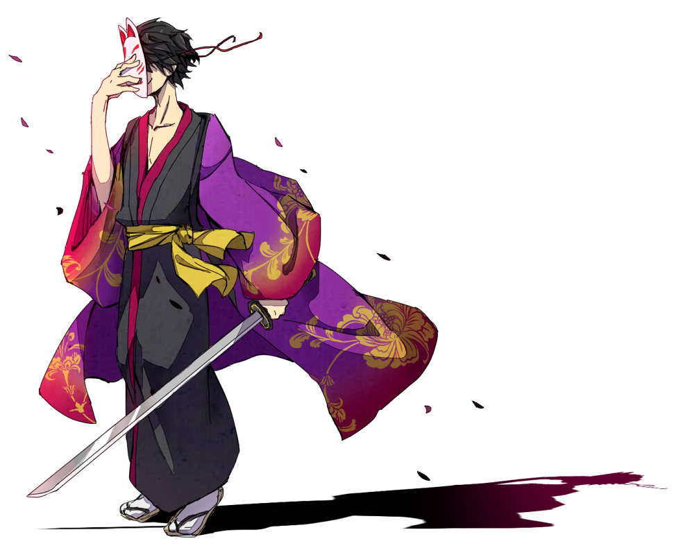fox_mask full_body geta japanese_clothes kimono male_focus mask sash shadow smirk solo walking wind yukata_(yume_2kki) yume_2kki