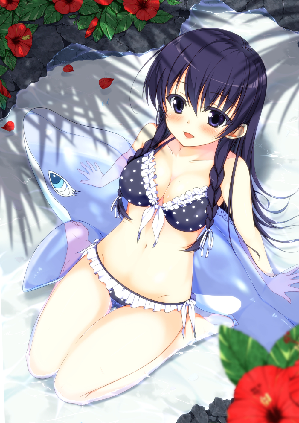 arm_support bare_shoulders bikini black_hair blush breasts cleavage frilled_bikini frills front-tie_top haru_(matatabi_sanjou) highres long_hair looking_up medium_breasts mole mole_on_breast original parted_lips partially_submerged polka_dot polka_dot_bikini polka_dot_swimsuit side-tie_bikini smile solo swimsuit thigh_gap water