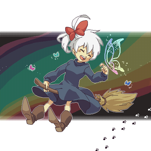 1girl ^_^ broom broom_riding bug butterfly closed_eyes full_body insect long_hair lowres ponytail sabitsuki solo white_hair witch