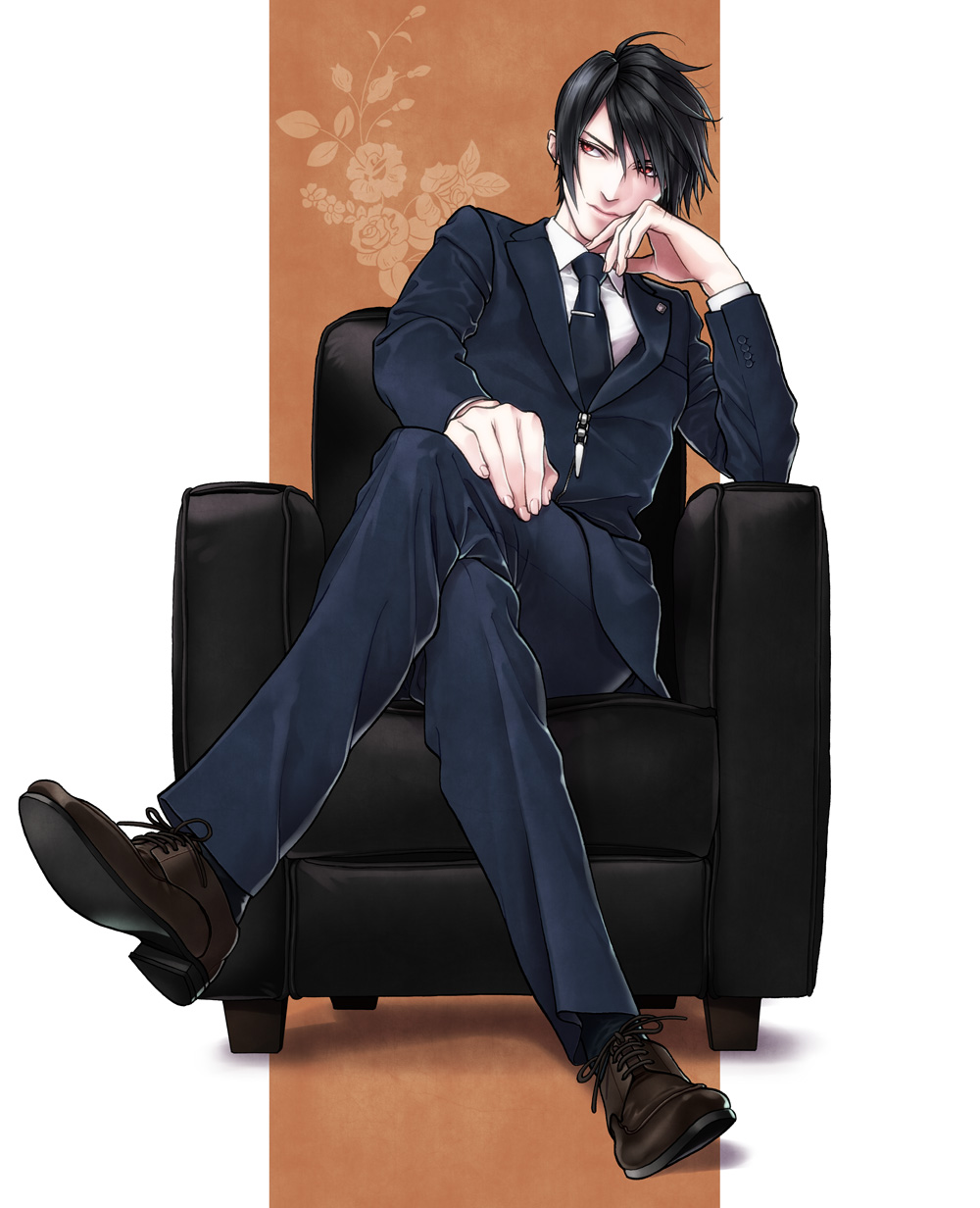 1boy black_hair chair final_fantasy final_fantasy_vii formal legs_crossed male male_focus necktie red_eyes sitting solo suit vincent_valentine yonesuke