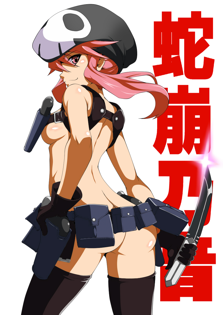 alternate_costume ass back belt black_gloves black_legwear breasts character_name gloves hat highres holster jakuzure_nonon kill_la_kill knife looking_back medium_breasts miyabi_(miura105) naked_belt nude nudist_beach_uniform pink_eyes pink_hair short_hair shoulder_holster sideboob sidelocks simple_background skull_print smile solo spoilers thighhighs uniform utility_belt white_background