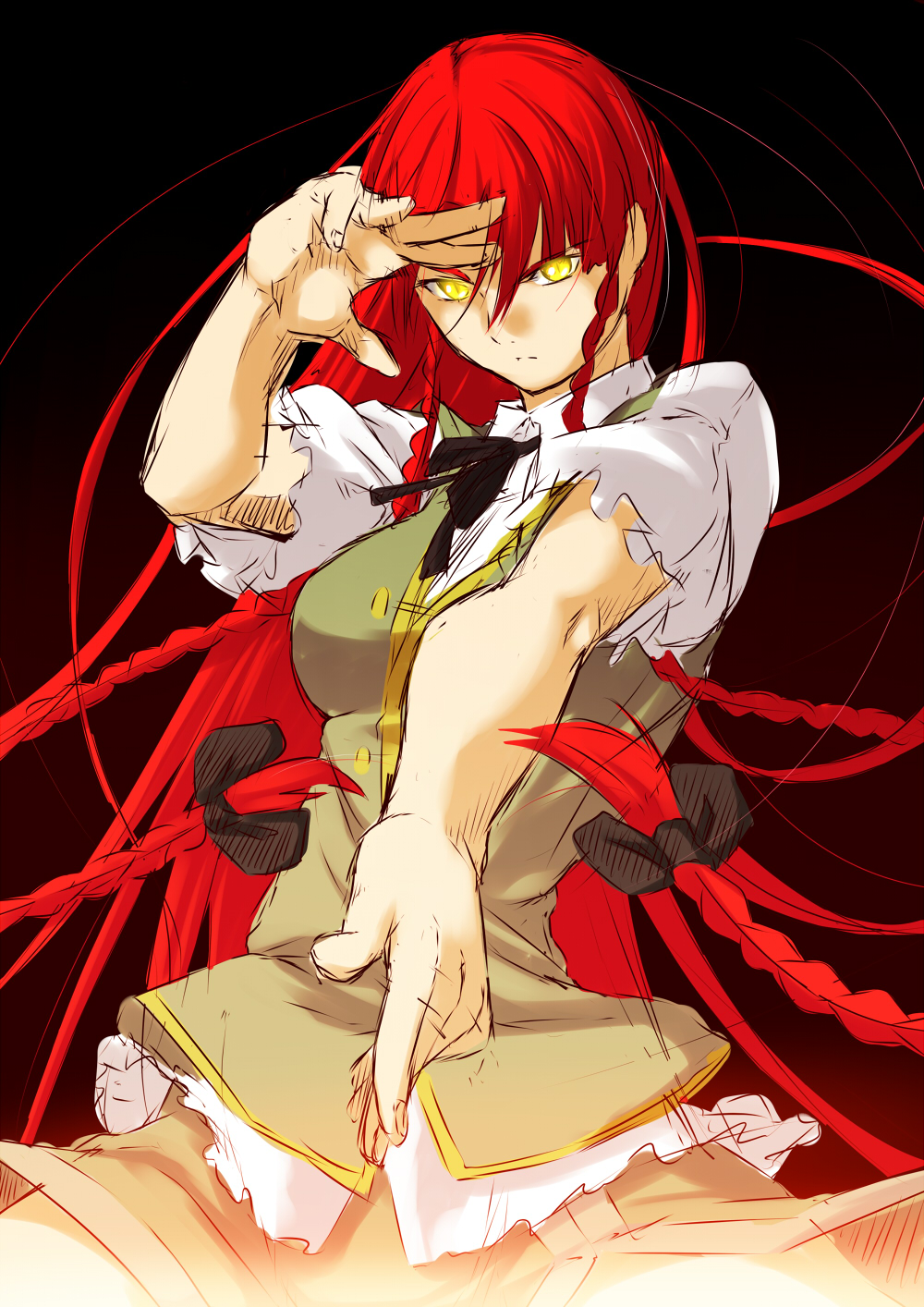 braid fighting_stance glowing glowing_eyes highres hong_meiling long_hair niwatazumi no_hat no_headwear red_hair skirt slit_pupils solo touhou twin_braids very_long_hair yellow_eyes