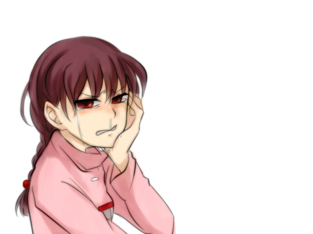 angry bad_id bad_pixiv_id braid brown_hair clenched_teeth crying hand_on_own_face looking_at_viewer madotsuki nabuta375 pink_shirt red_eyes shirt simple_background solo tears teeth twin_braids yume_nikki
