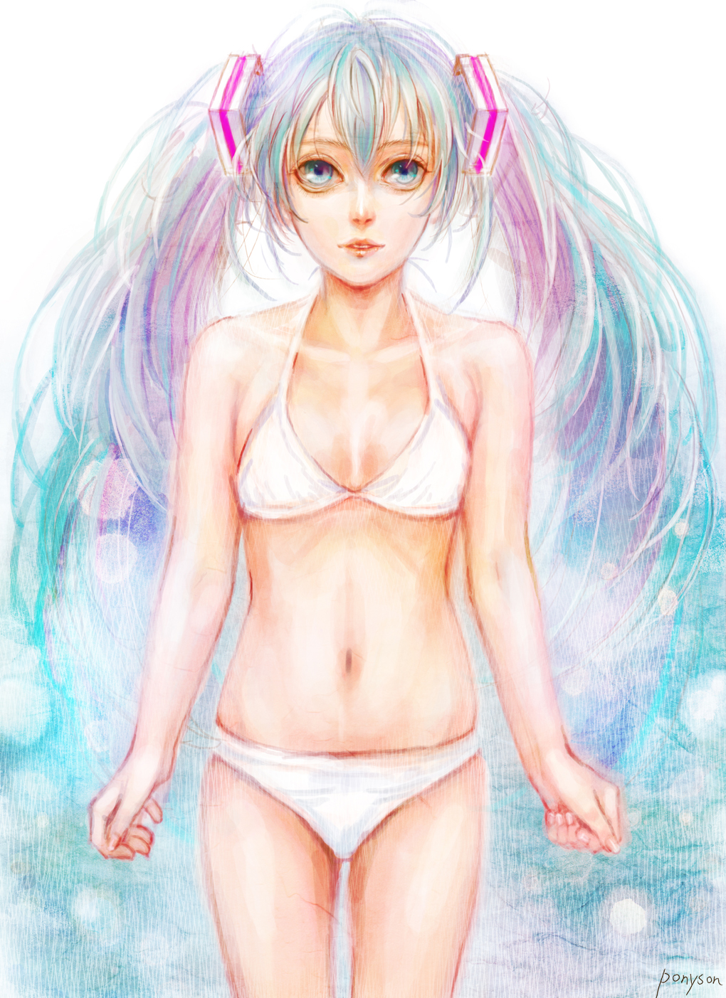 bikini blue_eyes blue_hair hatsune_miku highres long_hair pony_(artist) solo swimsuit twintails vocaloid white_bikini