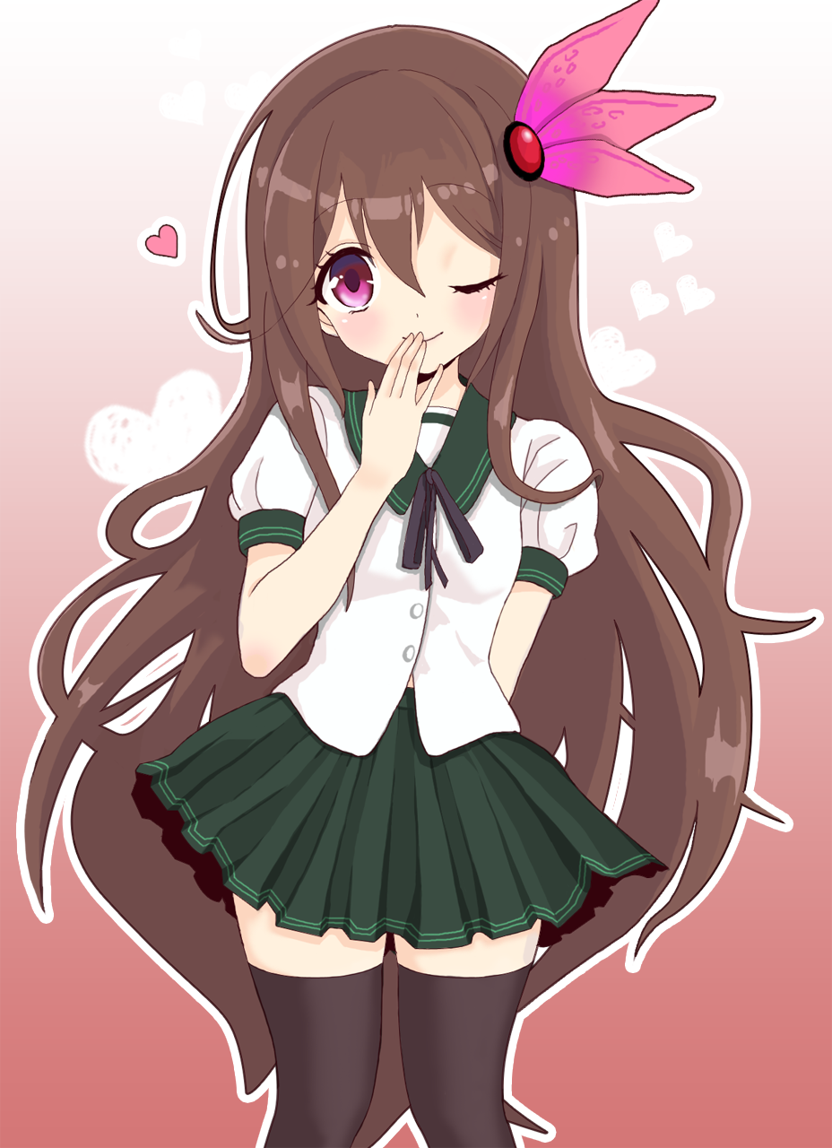 ;o bad_id bad_pixiv_id black_legwear brown_hair covering_mouth green_skirt hair_ornament hand_over_own_mouth heart highres kantai_collection kiiro_(tema8) kisaragi_(kantai_collection) long_hair looking_at_viewer one_eye_closed pink_eyes pleated_skirt puffy_short_sleeves puffy_sleeves school_uniform shirt short_sleeves skirt solo standing thighhighs very_long_hair white_shirt zettai_ryouiki