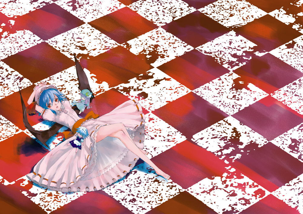 arms_behind_head arms_up barefoot bat_wings blood blue_hair character_doll checkered checkered_floor doll dress feet floor hat hat_ribbon itaya_tatsumi izayoi_sakuya lying on_back patchouli_knowledge red_eyes remilia_scarlet ribbon skirt solo touhou upskirt wings