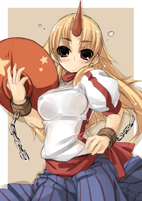 amanooni_touri bad_id bad_pixiv_id blonde_hair breasts brown_eyes brown_hair chain covered_nipples cup horn hoshiguma_yuugi large_breasts oni sakazuki solo star touhou