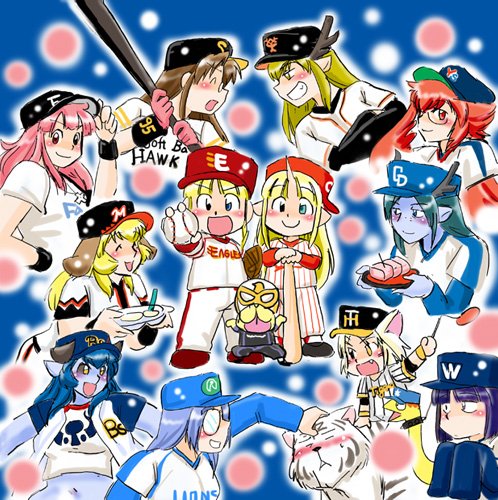 95-tan astaroth_(shinrabanshou) azuki_osamitsu bad_id bad_pixiv_id baseball baseball_bat baseball_cap baseball_uniform black_sclera blonde_hair blue_skin chiba_lotte_marines chibi chunichi_dragons clothes_writing daiginjou feathered_wings feathers fukuoka_softbank_hawks futaba_channel genbu_(nijiura_maid) hanshin_tigers harpy hat hiroshima_touyou_carp hokkaido_nippon-ham_fighters kiri-san kirin_(nijiura_maid) kouryuu_(nijiura_maid) kunkun lowres monster_girl multiple_girls nijiura_maids nippon_professional_baseball orix_buffaloes os-tan prier saitama_seibu_lions seiryuu_(nijiura_maid) shinku shinrabanshou sportswear suzaku_(nijiura_maid) taiyou_whales tiger tokyo_yakult_swallows touhoku_rakuten_golden_eagles white_tiger wings yomiuri_giants