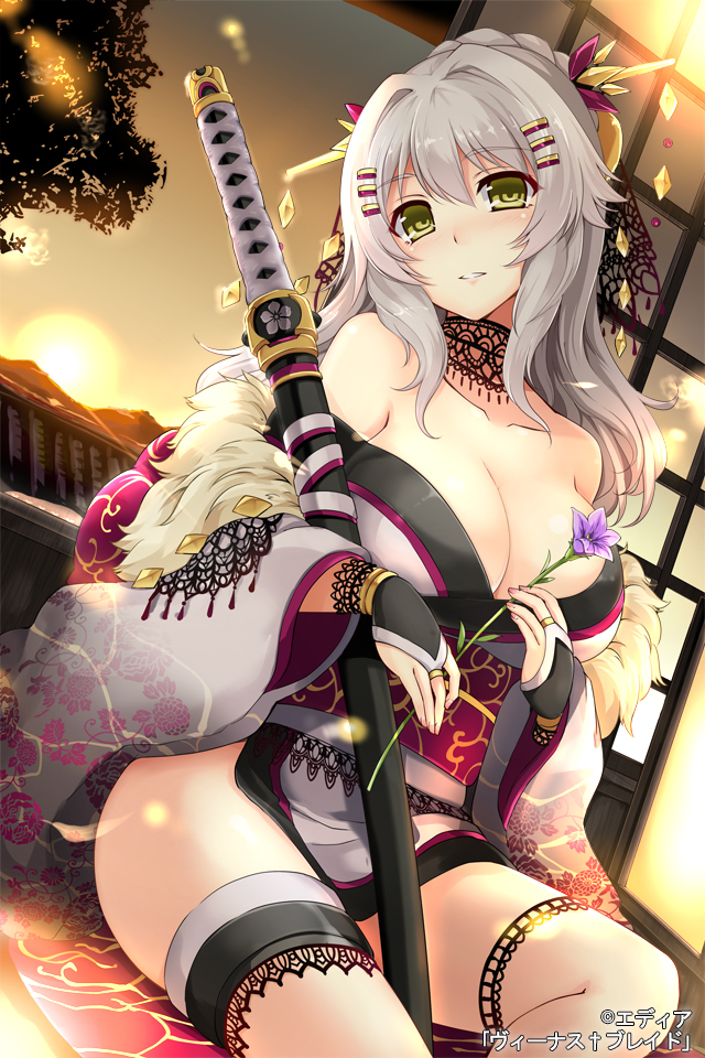 bare_shoulders blush braid breasts bridal_gauntlets cleavage copyright_name dutch_angle floral_print flower green_eyes grey_hair hair_ornament hairclip head_tilt hisenkaede holding japanese_clothes kimono lace large_breasts light_particles long_hair off_shoulder official_art ootachi parted_lips sheath sheathed sitting solo sun sunset sword thigh_strap venus_blade weapon window