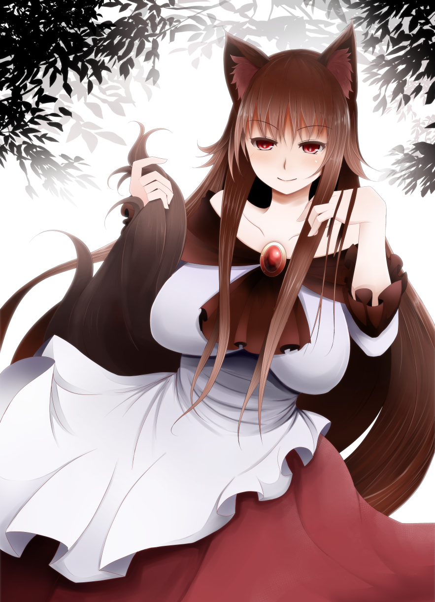 animal_ears arano_oki blush breasts brooch brown_hair dress highres imaizumi_kagerou impossible_clothes jewelry large_breasts long_hair long_sleeves naughty_face red_eyes smile solo tail tail_grab touhou wolf_ears wolf_tail