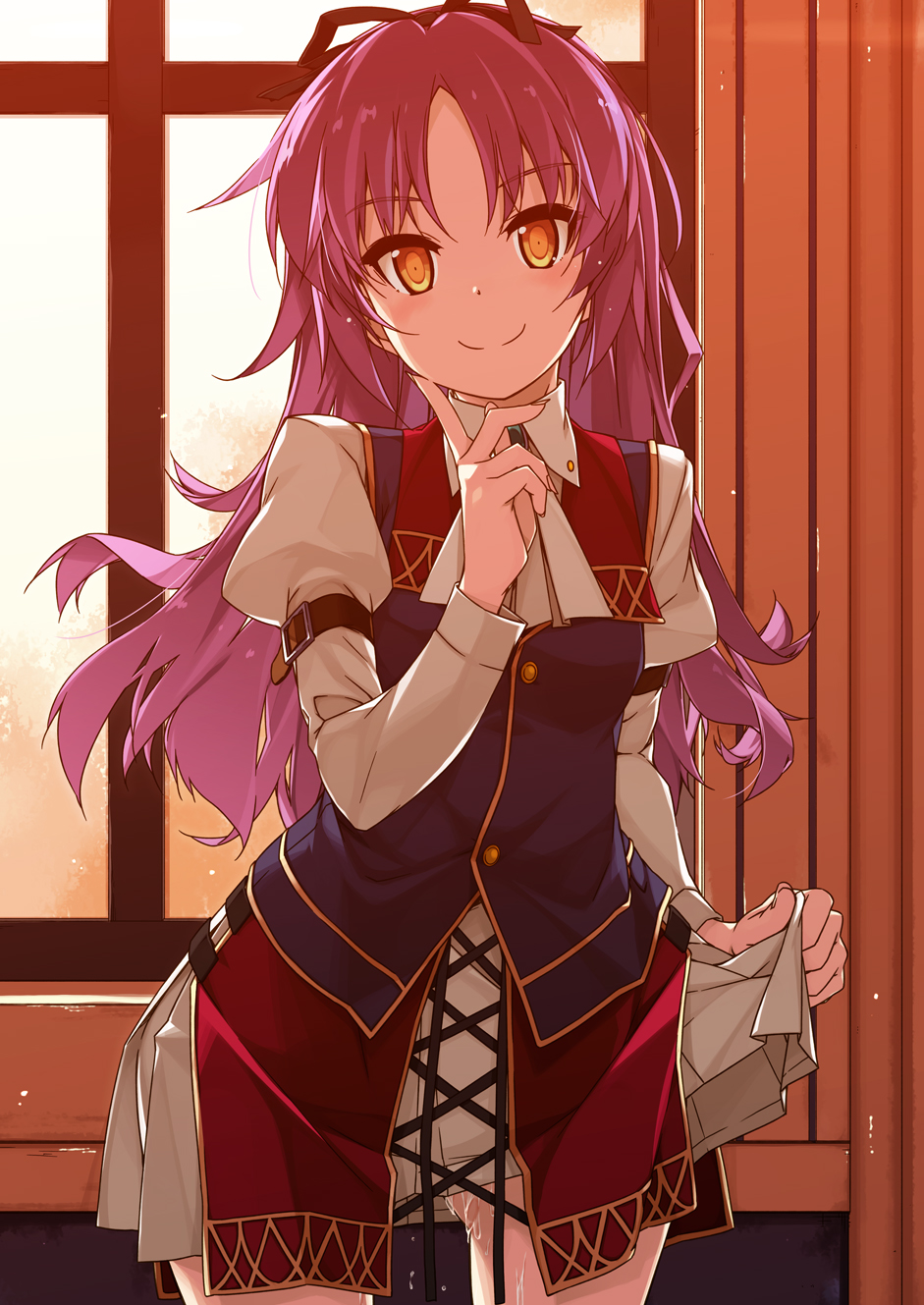 bow eiyuu_densetsu gluteal_fold hair_bow highres indoors lifted_by_self long_hair long_sleeves looking_at_viewer puffy_long_sleeves puffy_sleeves purple_hair renne sen_no_kiseki shikei skirt skirt_lift smile solo standing sunset window yellow_eyes