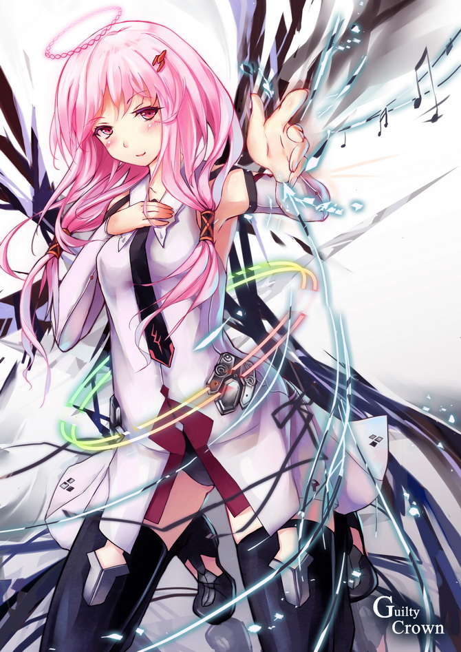 bare_shoulders beamed_eighth_notes beamed_sixteenth_notes black_legwear blush breasts detached_sleeves double_helix g.h_(gogetsu) guilty_crown hair_ornament hairclip halo long_hair looking_at_viewer musical_note pink_hair quarter_note red_eyes small_breasts smile solo thighhighs twintails whole_rest yuzuriha_inori