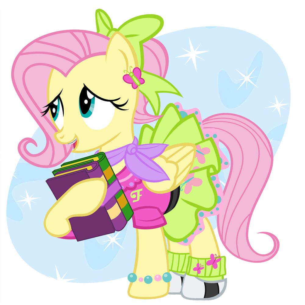 alpha_channel arthropod badge blouse blue_eyes book bow bracelet braces butterfly clothing equine female fluttershy_(mlp) friendship_is_magic hair horse insect jewelry mammal my_little_pony pink_hair pixelkitties plain_background pony ponytail scarf skirt solo sparkles standing transparent_background