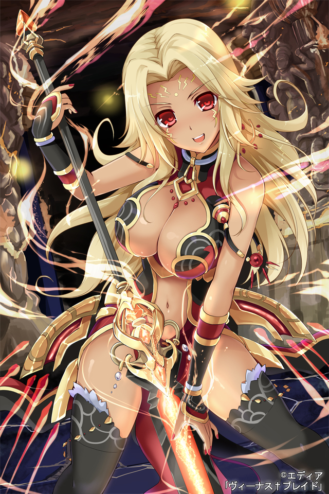 arm_guards black_legwear blonde_hair breasts center_opening cleavage cleavage_cutout copyright_name facial_mark hisenkaede large_breasts long_hair looking_at_viewer nail_polish navel official_art open_mouth red_eyes shiny shiny_skin smile solo spread_legs thighhighs venus_blade