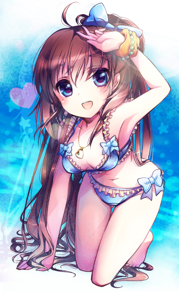 all_fours bikini blue_eyes brown_hair heart jewelry long_hair necklace original ro_(igris-geo) solo swimsuit very_long_hair