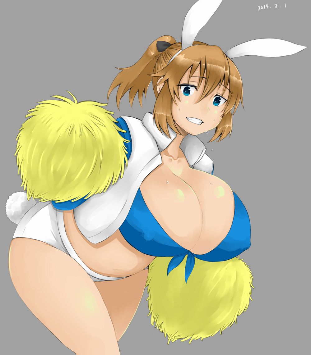 2014 animal_ears bad_id bad_pixiv_id blue_eyes breasts brown_hair bunny_ears bunny_tail charlotte_e_yeager cleavage clothes_lift curvy dated grey_background grin huge_breasts looking_at_viewer pom_poms short_hair simple_background smile solo soranona_(soranosuke) strike_witches sweat sweater sweater_lift tail thighs wide_hips world_witches_series