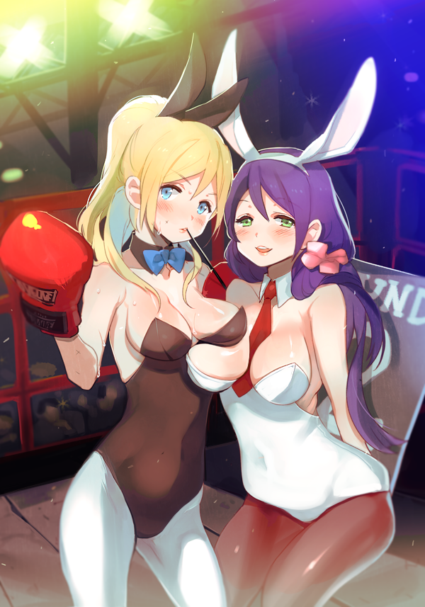animal_ears ayase_eli bad_id bad_pixiv_id banned_artist blonde_hair blue_eyes bow bowtie boxing_gloves bunny_ears bunnysuit detached_collar green_eyes kissai long_hair love_live! love_live!_school_idol_project multiple_girls necktie pantyhose ponytail purple_hair toujou_nozomi twintails wrist_cuffs