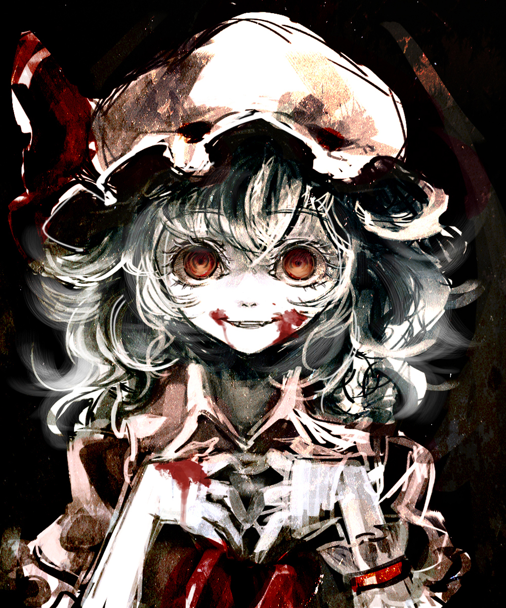 ascot azuki_(azuki-taste) blood blood_on_face bloody_hands blue_hair fangs hat hat_ribbon highres looking_at_viewer mob_cap puffy_sleeves red_eyes remilia_scarlet ribbon short_hair short_sleeves smile solo touhou wrist_cuffs
