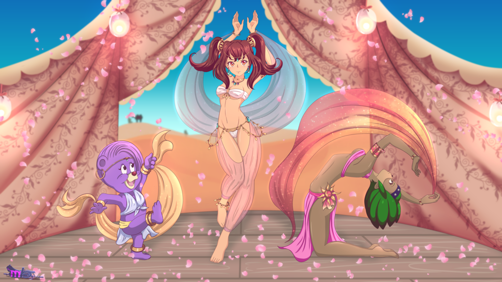 anthro bear breasts brown_fur canine clothed clothing desert digital_media_(artwork) disney dofus fan_character female fur gummi_bears harem_outfit human mammal ouginak outside partially_clothed purple_fur sugarnhoney